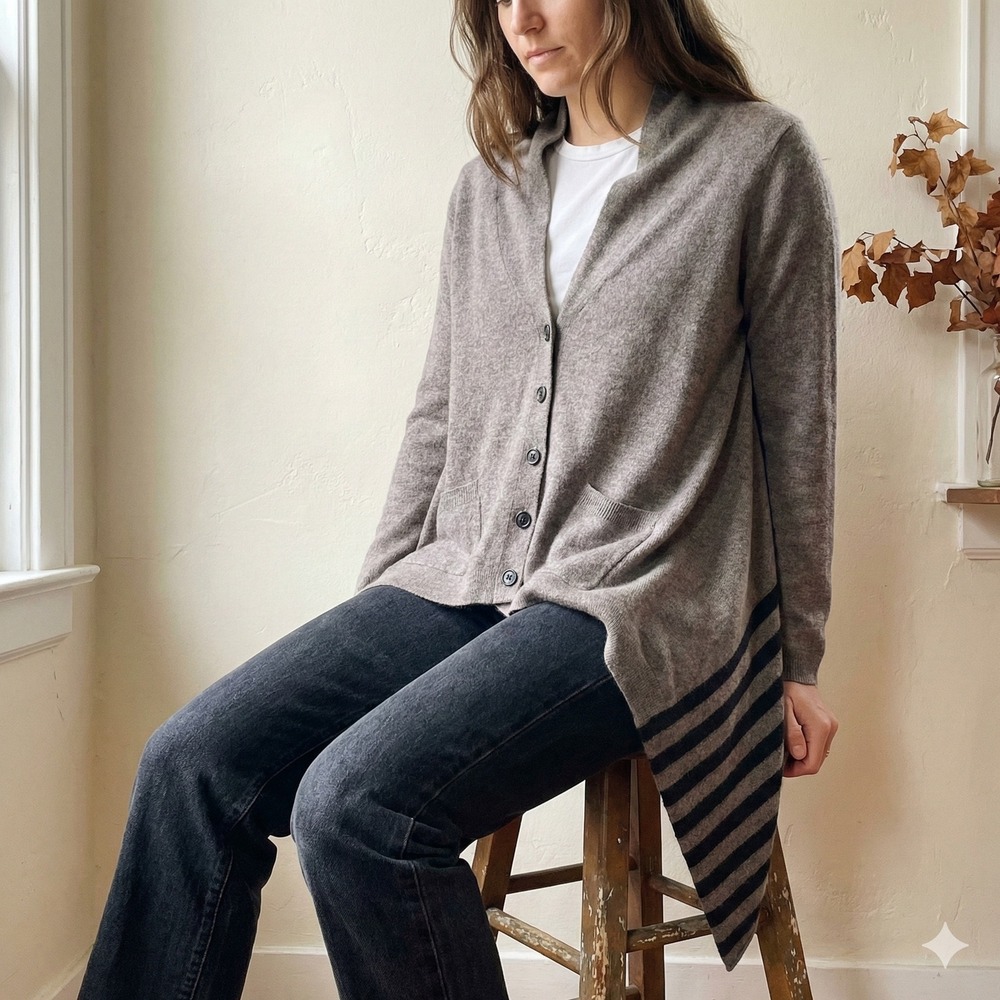 Autumn Cashmere Cardigan Sweater Womens Medium Brown Striped‎ Handkerchief Hem